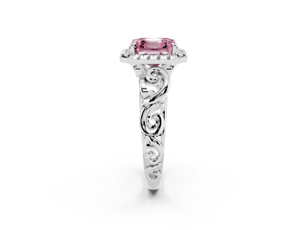 Fancy Pink Asscher Cut Cut Halo Diamond Ring with Scrollwork Band and Four-Prong Setting Silver