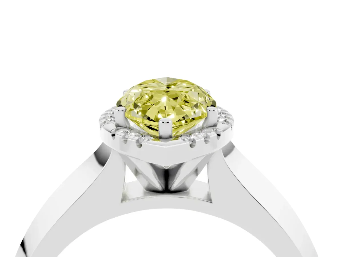 Fancy Yellow Marquise Cut Halo Diamond Ring with Cathedral Band and Four-Prong Setting White gold