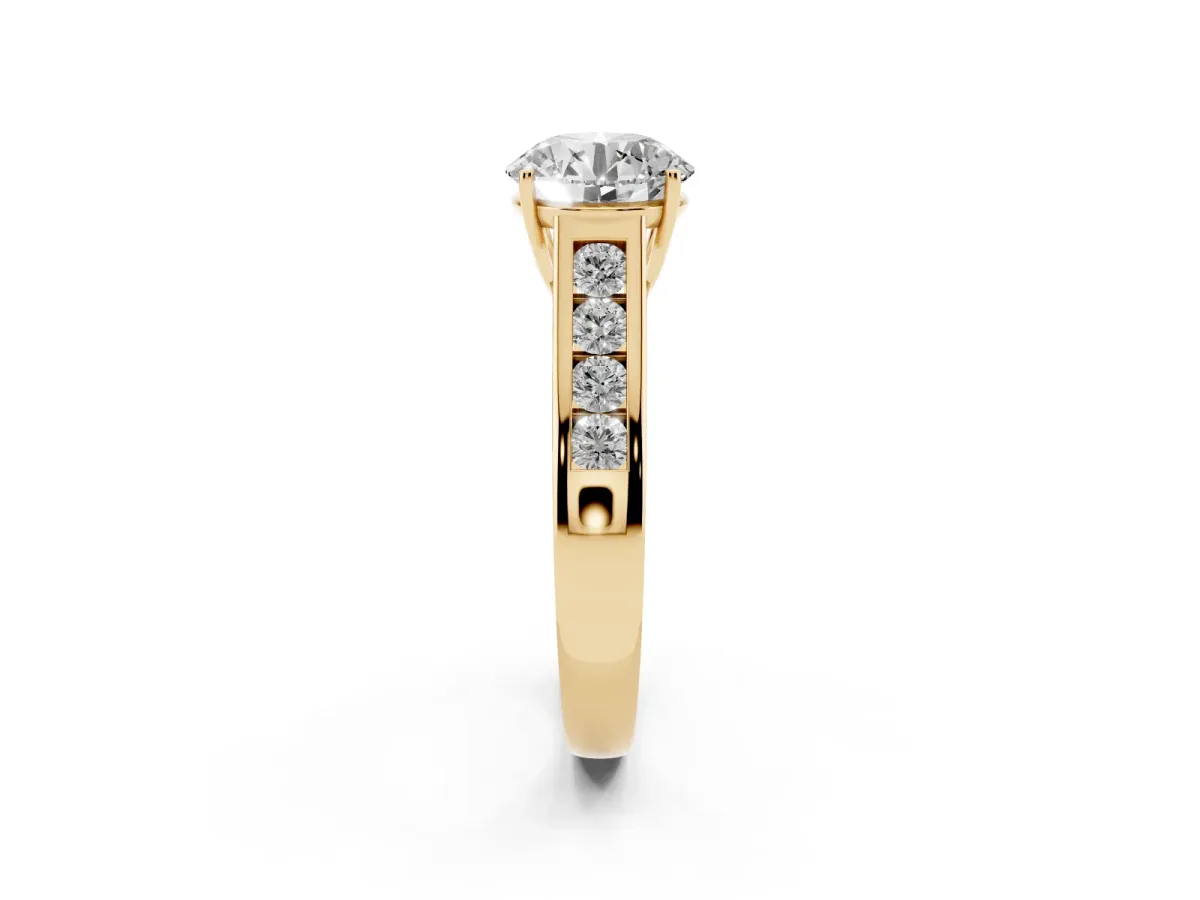 Round Cut Brilliant Channel-Set Solitaire Ring with Four-Prong Setting Yellow gold