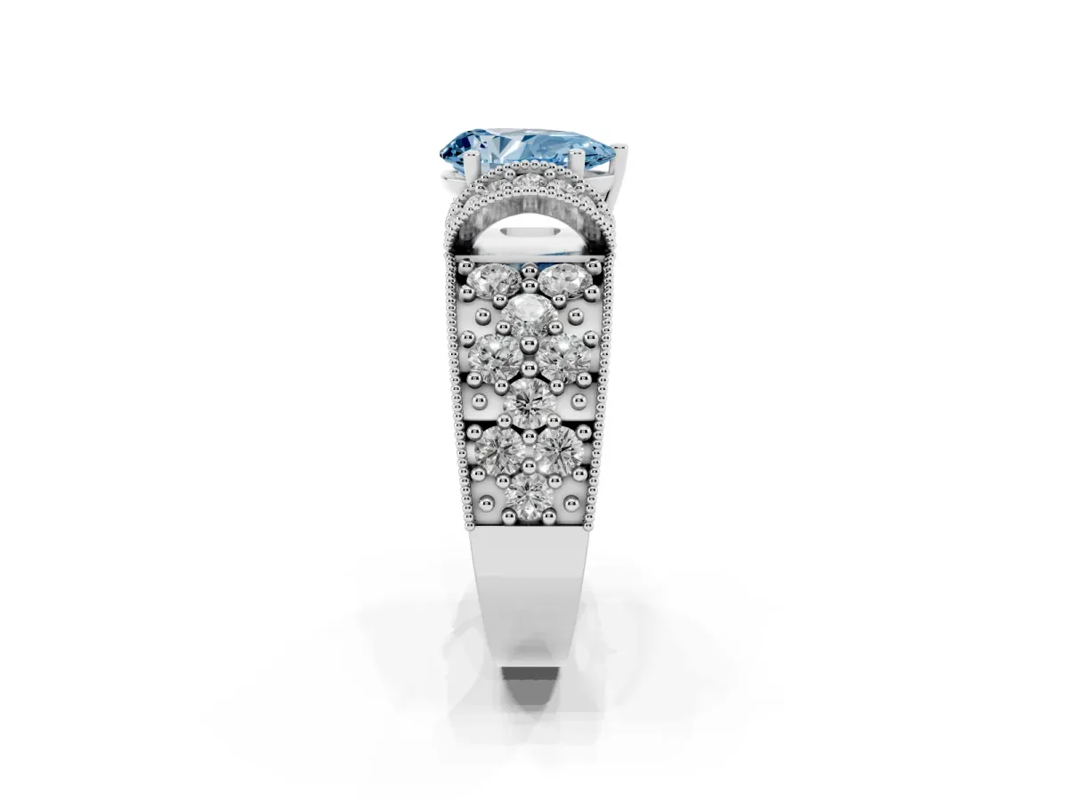 Fancy Blue Pear Cut Halo Pave Diamond Engagement Ring with Milgrain Detailing Platinum