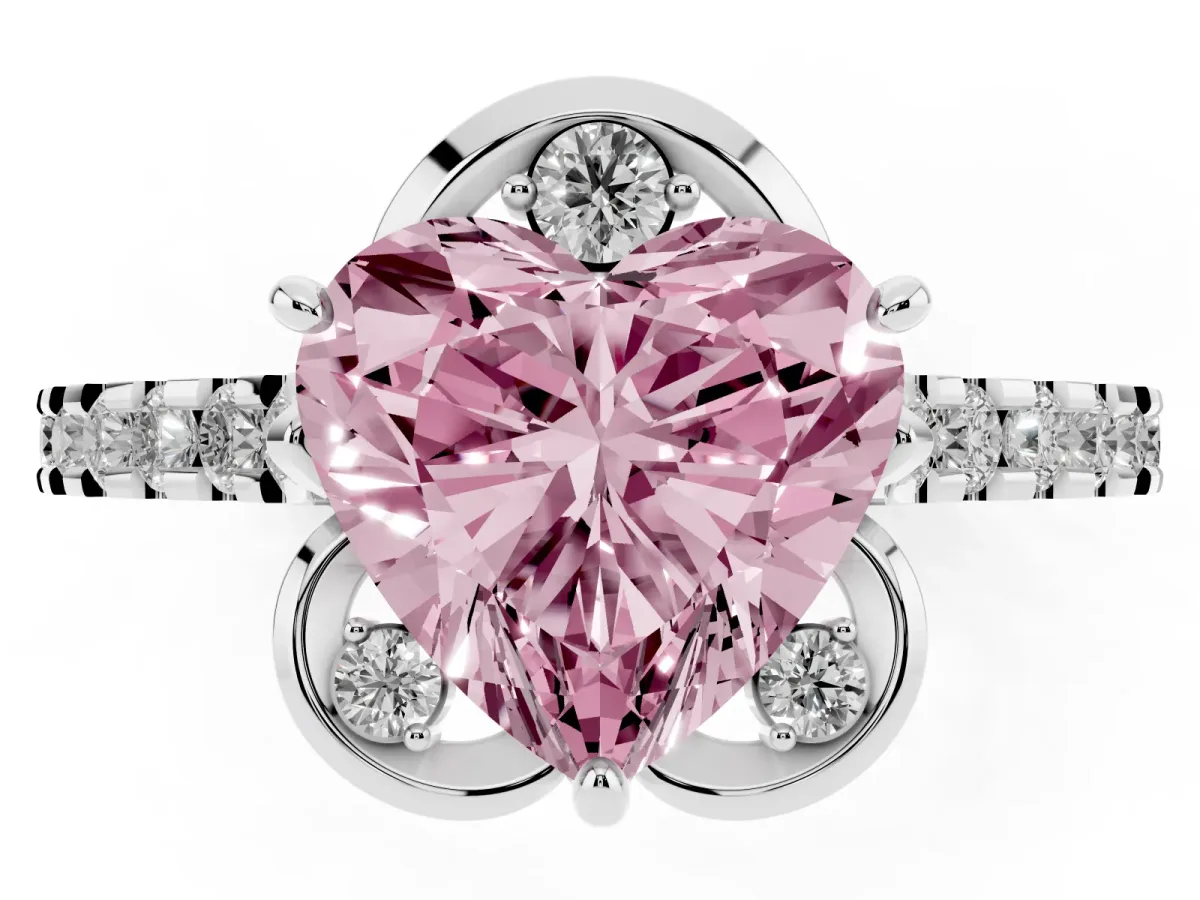 Fancy Pink Heart Cut Diamond Ring with Pavé Band and Floral Prong Setting Platinum