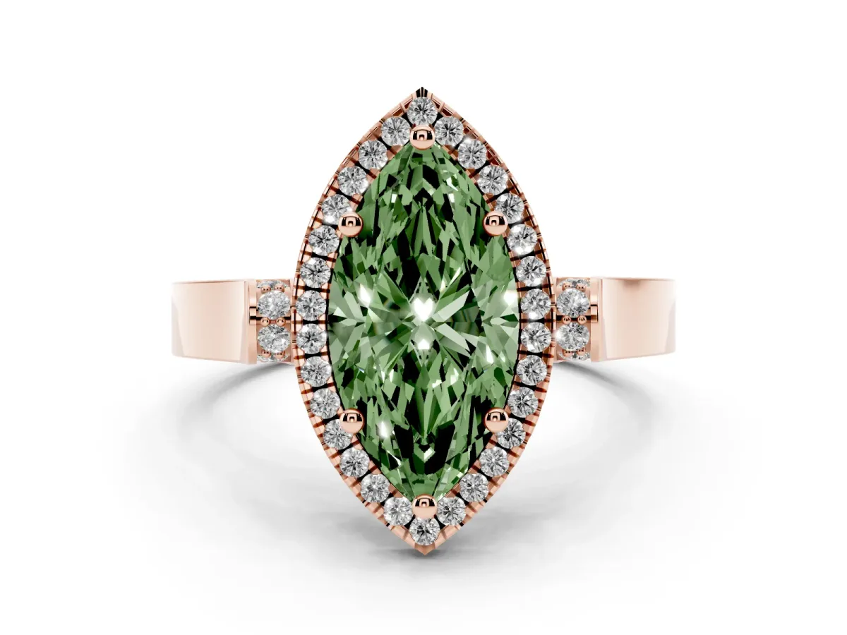 Fancy Green Marquise Cut Halo Round Diamond Twist Band with Four-Prong Setting Rose gold