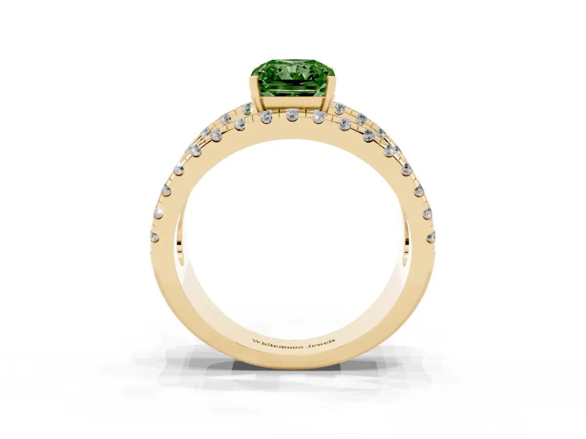 Fancy Green Radiant Cut Solitaire Split Shank Pave Diamond Ring Yellow gold