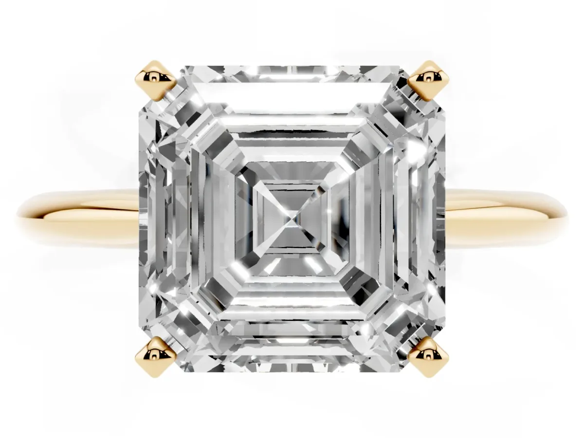 Asscher Cut Cut Solitaire Ring with Four-Prong Setting on a Classic Band Yellow gold