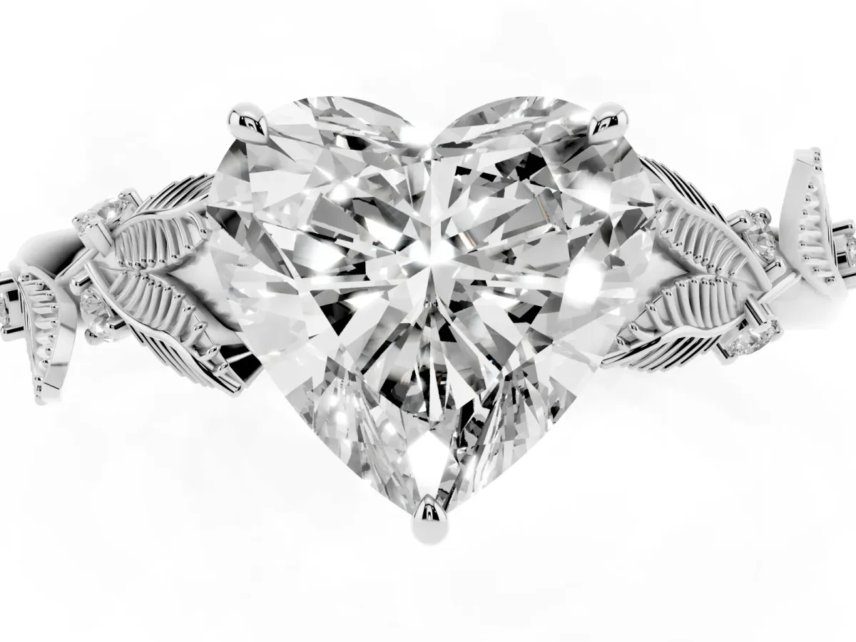 Heart Cut Diamond Solitaire Ring with Leaf Motif Band and Four-Prong Setting Silver