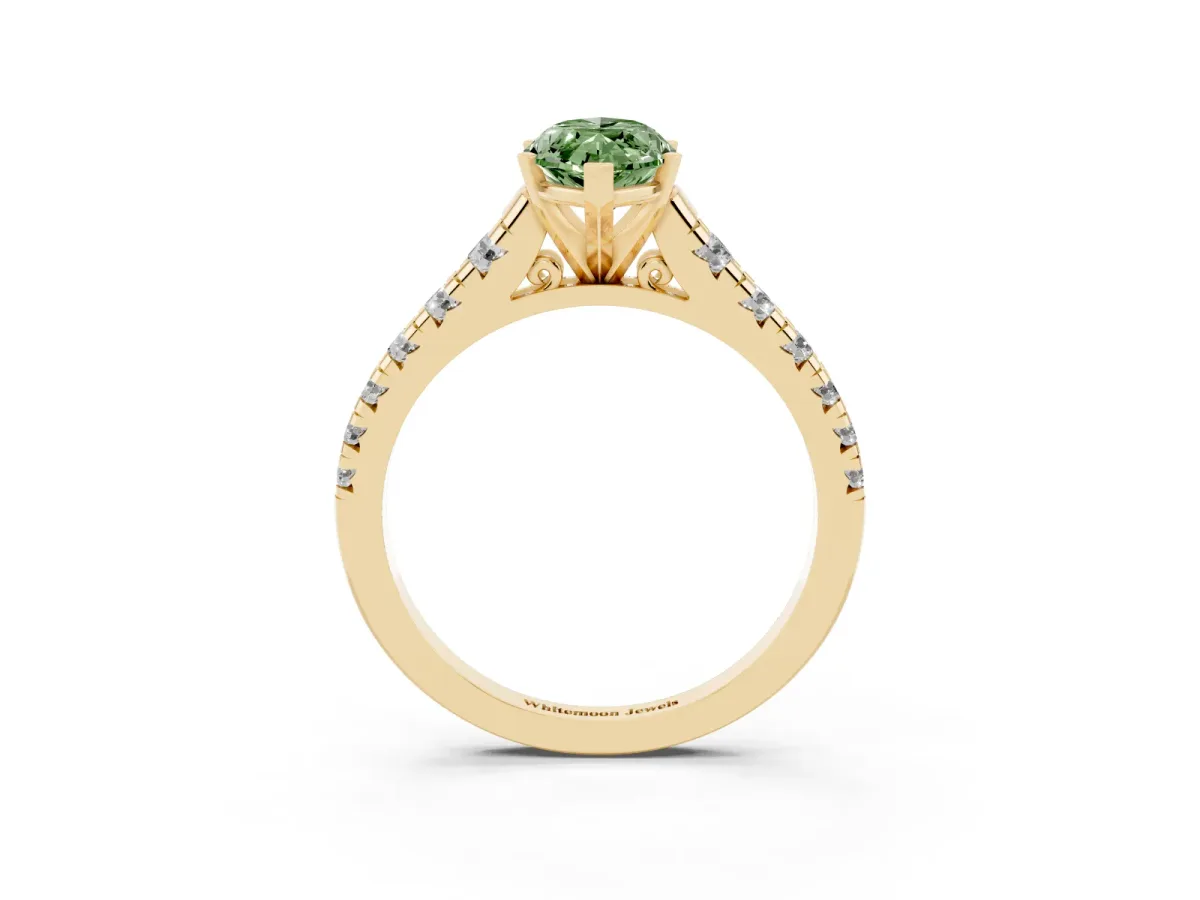 Fancy Green Marquise Cut Diamond Cathedral Solitaire Ring with Round Pavé Band Yellow gold