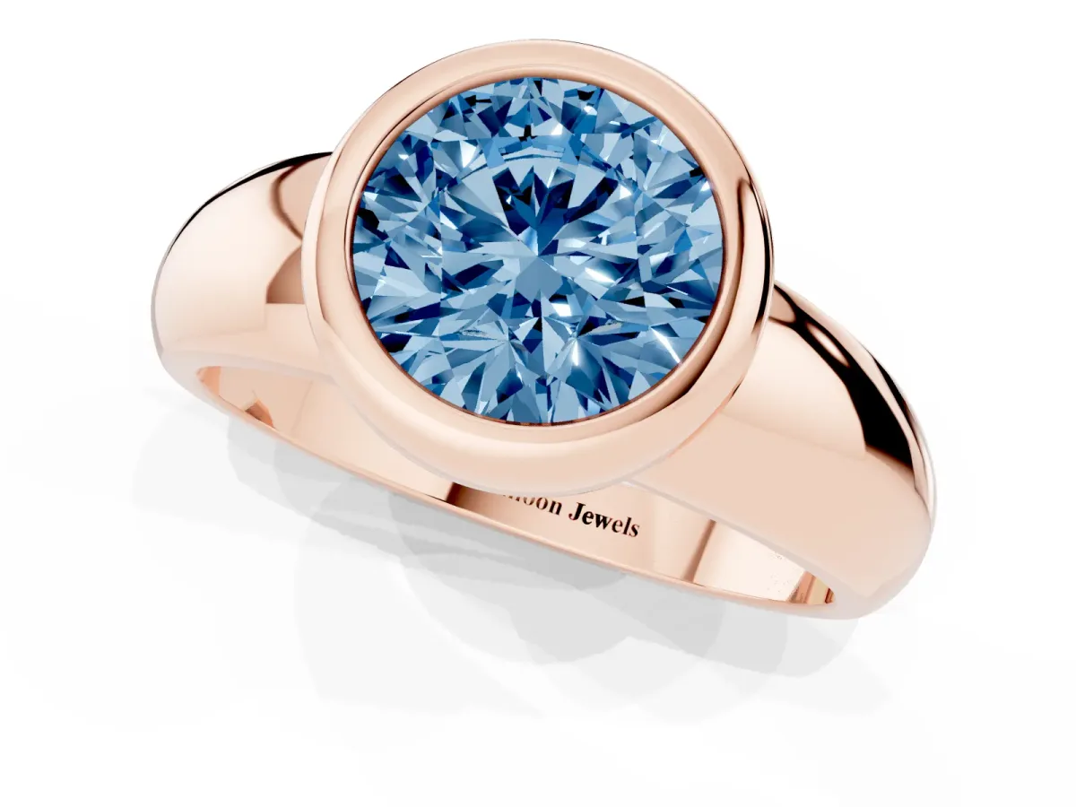 Fancy Blue Bezel Set Round Cut Solitaire Ring with Wide Band Rose gold