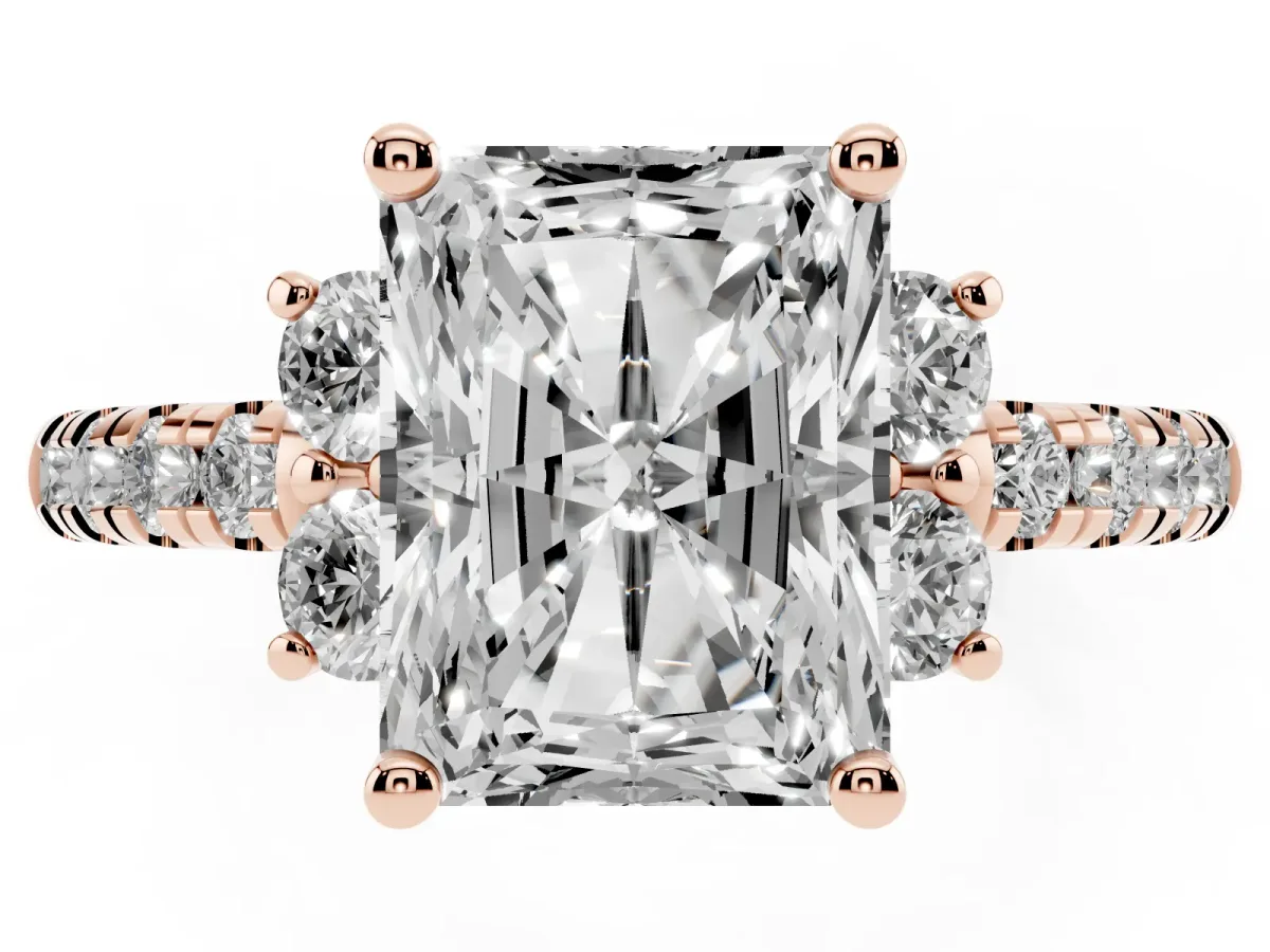 Radiant Cut Diamond Three-Stone Pave Band with Four-Prong Setting Rose gold
