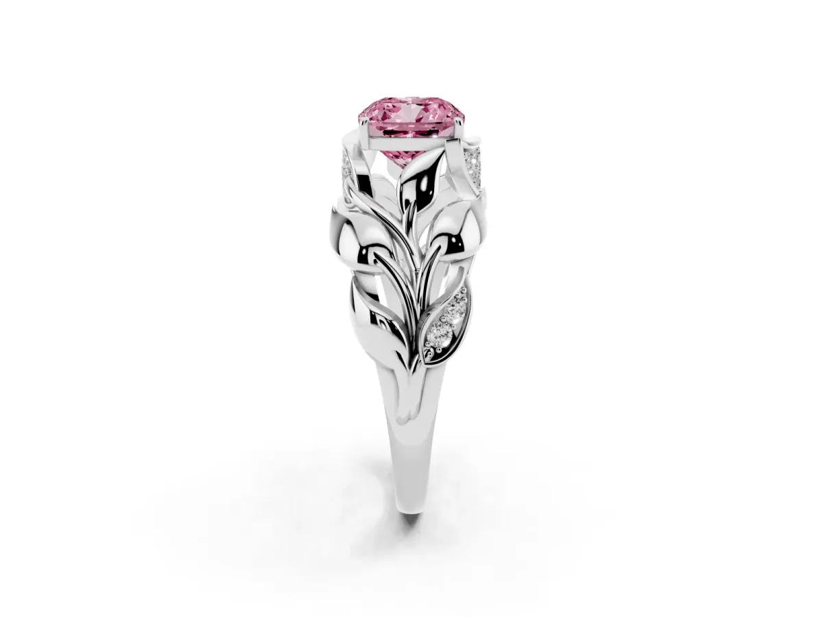 Fancy Pink Cushion Cut Diamond Leaf-Inspired Engagement Ring with Round Accents and Prong Setting Platinum