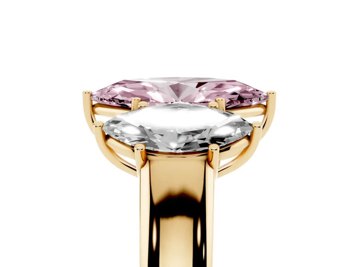 Fancy Pink Three-Stone Marquise Cut Cut Diamond Ring with Prong Setting and Classic Band Yellow gold
