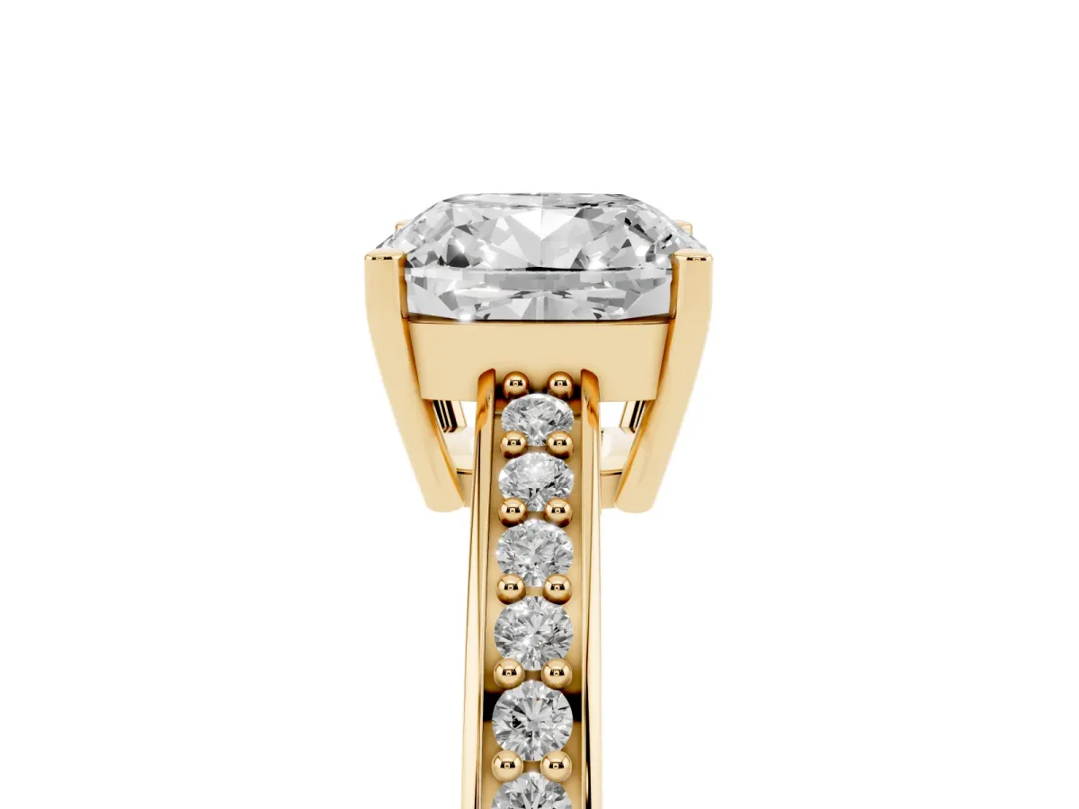 Cushion Cut Solitaire Pavé Band Prong Setting Ring Yellow gold