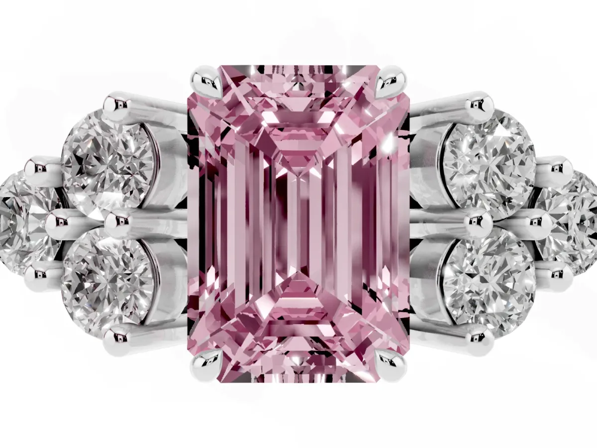 Fancy Pink Emerald Cut Brilliant Diamond Cluster Accent Solitaire Ring with Prong Setting Silver