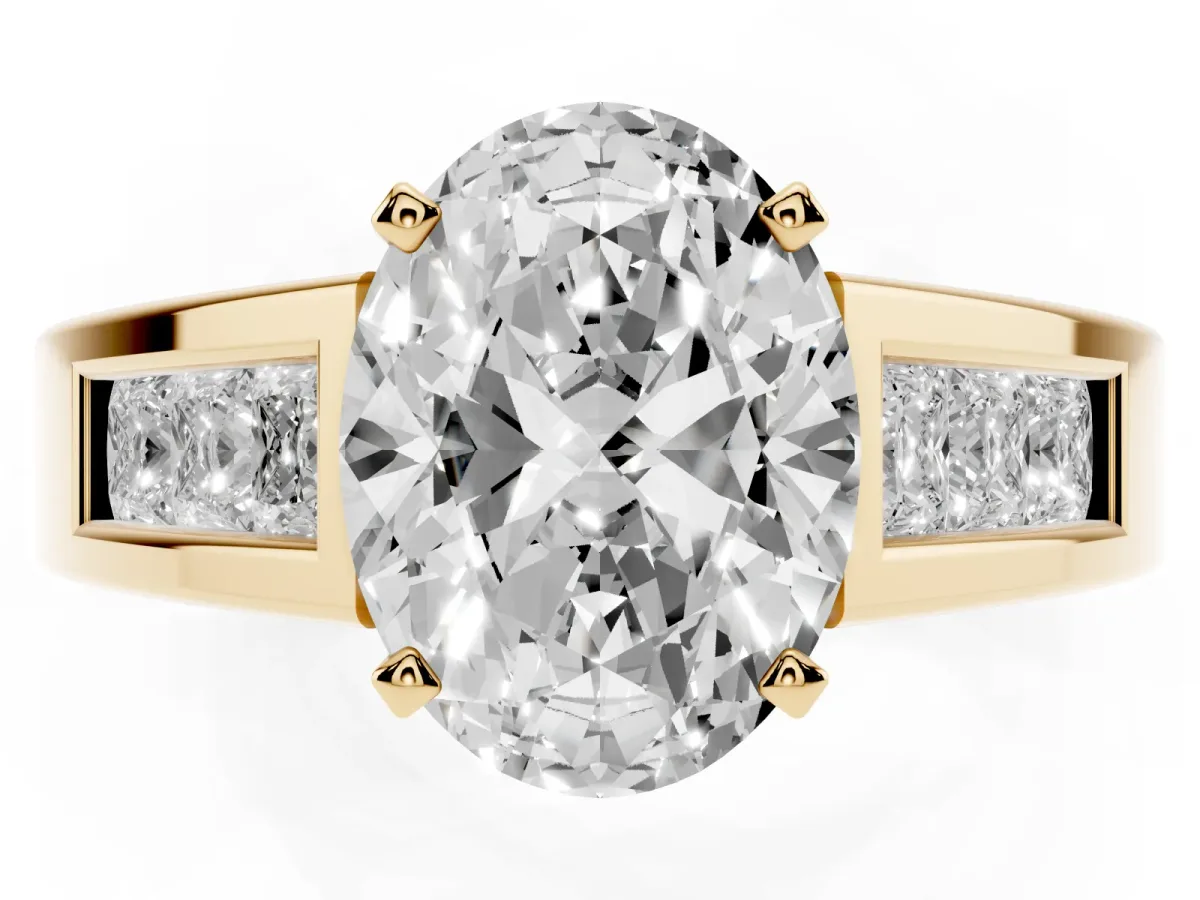 Oval Cut Cut Channel Set Solitaire Ring with Four-Prong Setting Yellow gold