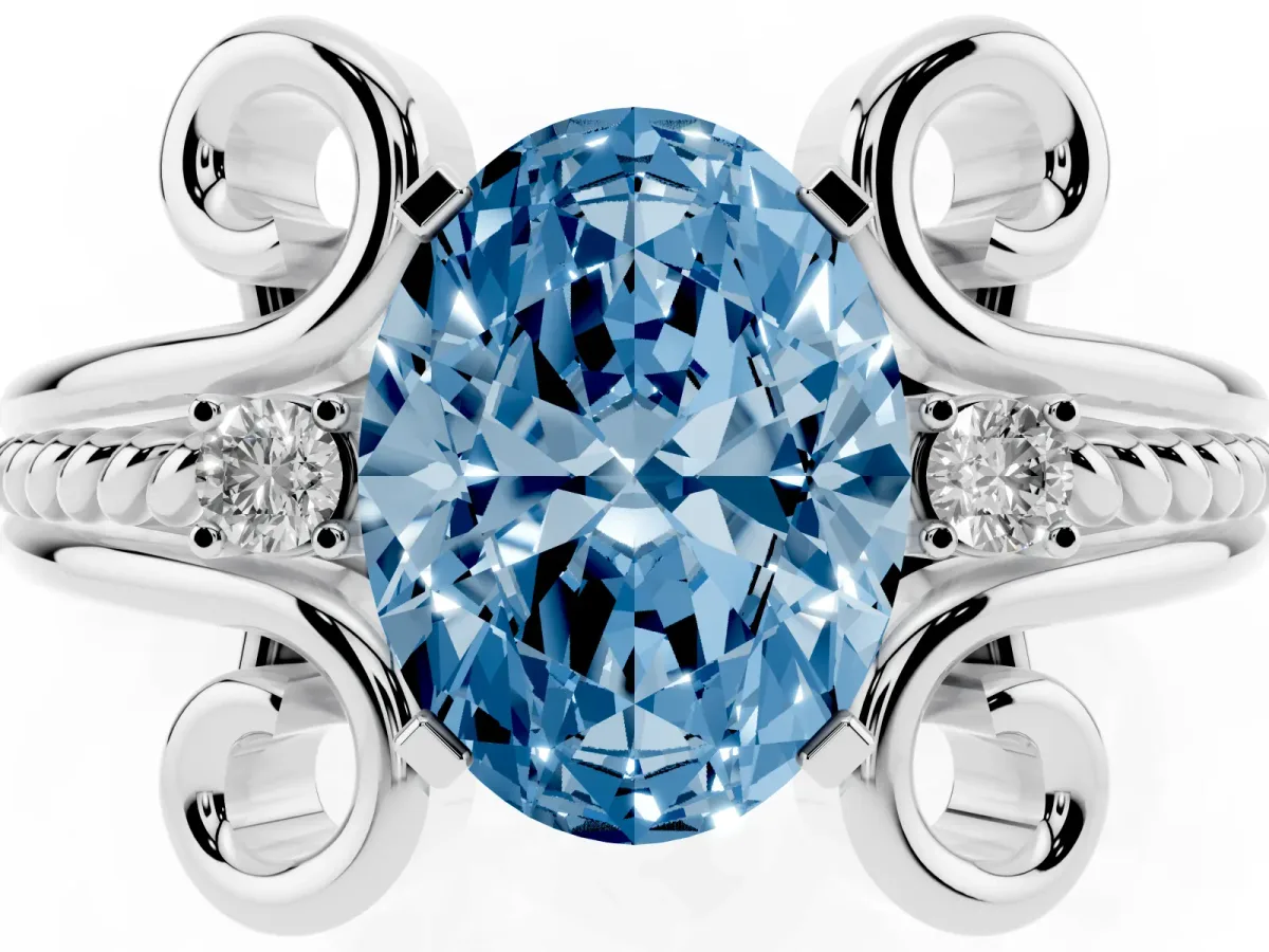 Fancy Blue Oval Cut Solitaire Twisted Band Scroll Prong Ring Silver