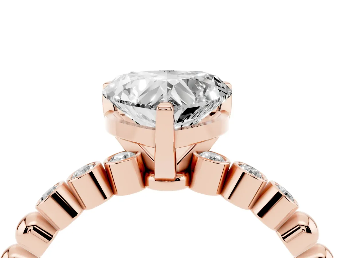 Heart Cut Solitaire Bezel Accent Diamond Engagement Ring with Beaded Band and Four-Prong Setting Rose gold