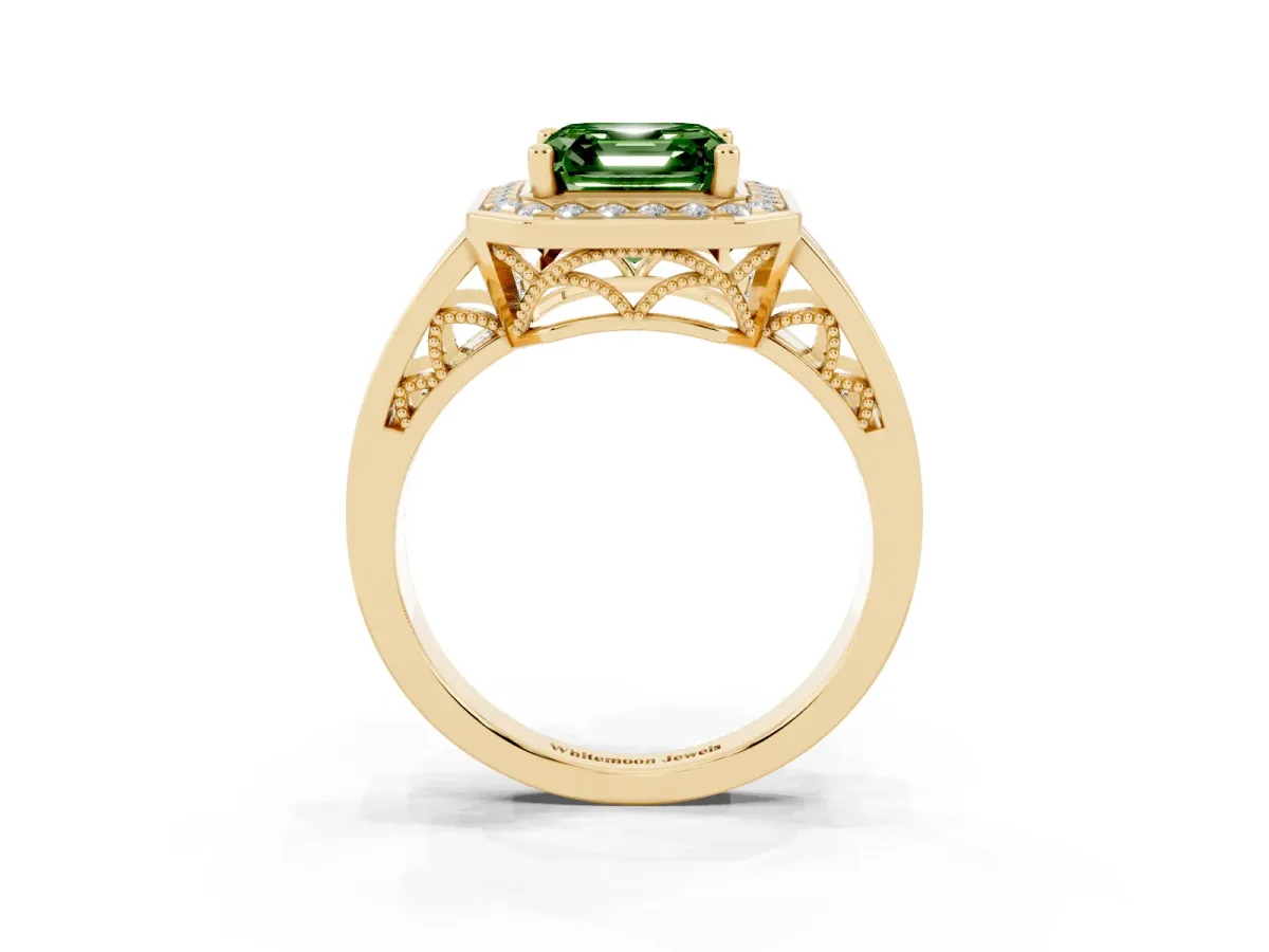 Fancy Green Asscher Cut Diamond Halo Ring with Split Shank and Bezel Accents and Prong Setting Yellow gold
