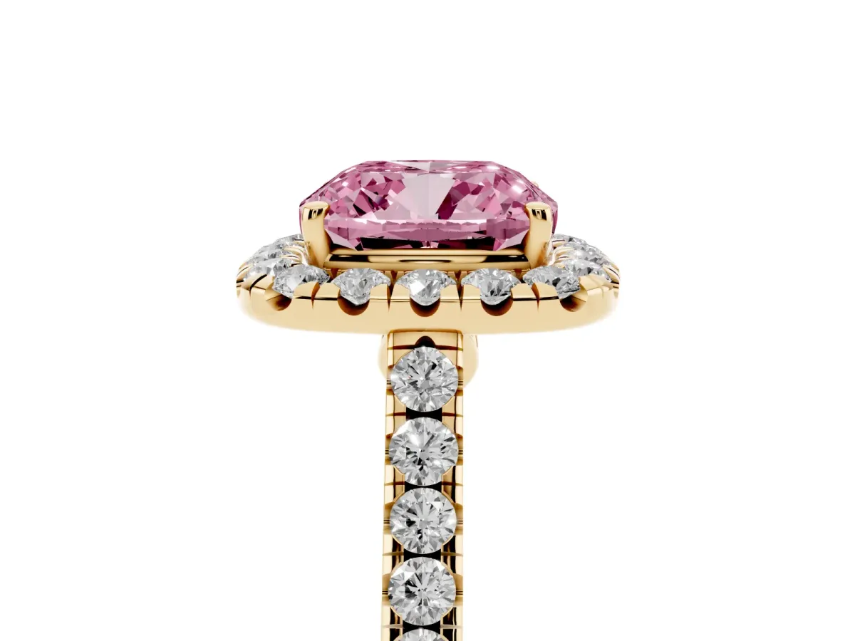 Fancy Pink Cushion Cut Halo Pave Diamond Engagement Ring with Four-Prong Setting Yellow gold