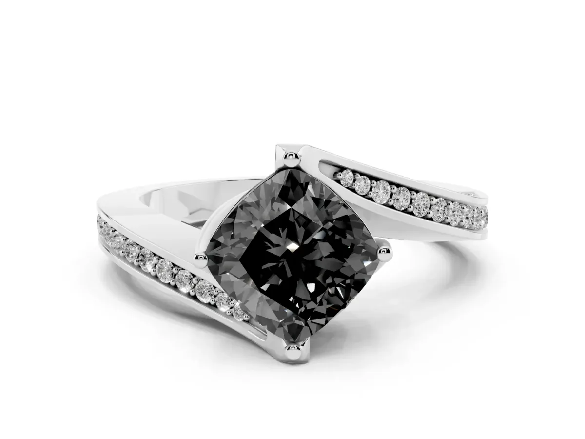 Fancy Black Cushion Cut Solitaire Diamond Twist Band with Pavé Setting and Four-Prong Setting Silver