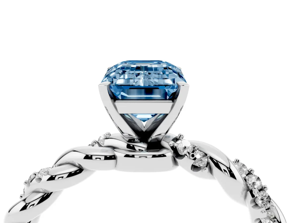 Fancy Blue Emerald Cut Diamond Solitaire Ring with Twisted Band and Pavé Accents White gold