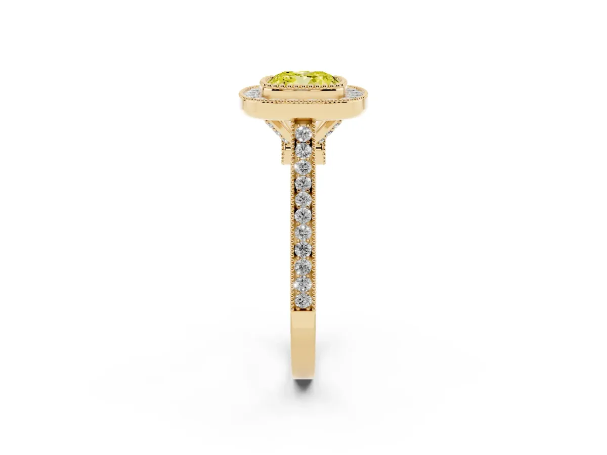 Fancy Yellow Cushion Cut Diamond Halo Ring with Milgrain Frame and Pavé Band Yellow gold