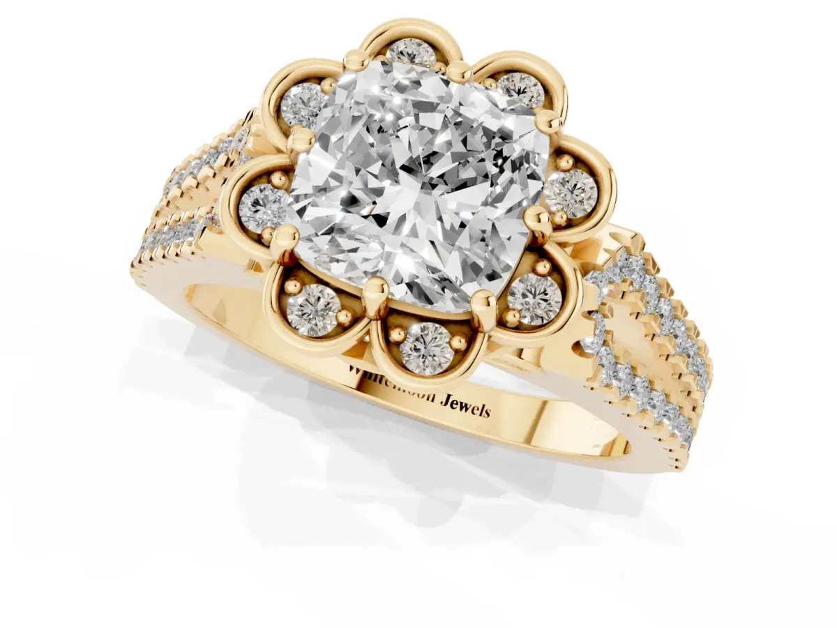 Cushion Cut Halo Diamond Floral Split Shank Engagement Ring Yellow gold