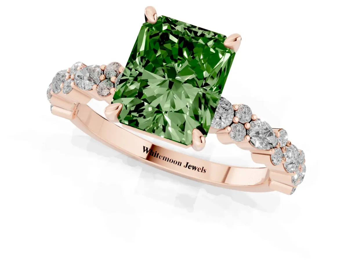 Fancy Green Radiant Cut Diamond Side Stone Solitaire Ring with Round and Four-Prong Setting Rose gold