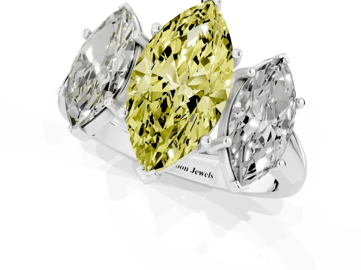 Fancy Yellow Three-Stone Marquise Cut Diamond Engagement Ring with Prong Setting Silver