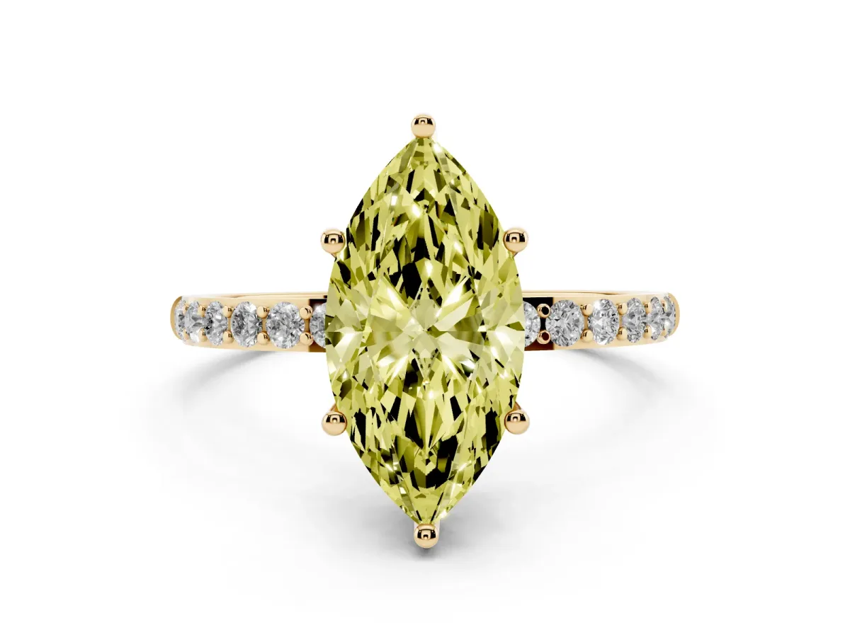 Fancy Yellow Marquise Cut Diamond Solitaire Ring with Round Pavé Shoulders and Prong Setting Yellow gold
