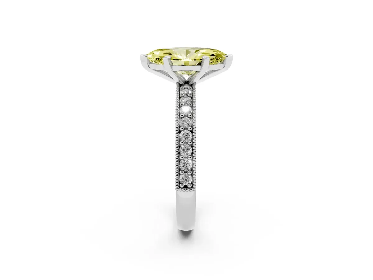 Fancy Yellow Marquise Cut Diamond Milgrain Pavé Engagement Ring with Four-Prong Setting Silver