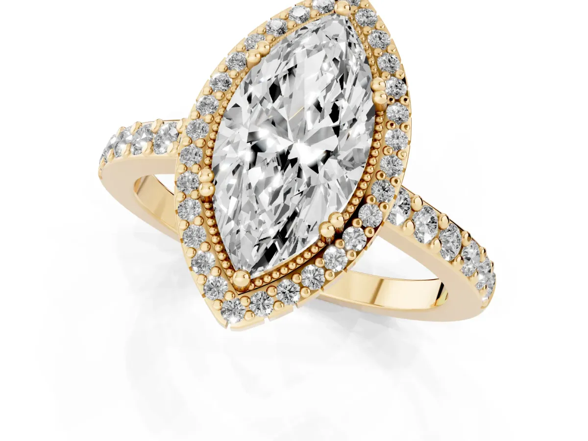 Marquise Cut Cut Diamond Halo Engagement Ring with Milgrain Detail and Pavé Band Yellow gold
