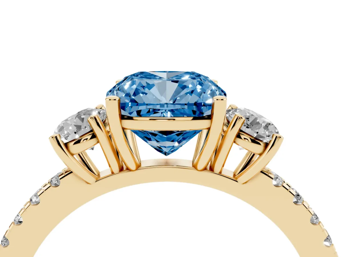 Fancy Blue Three-Stone Cushion Cut Cut Diamond Pavé Band with Prong Setting Yellow gold