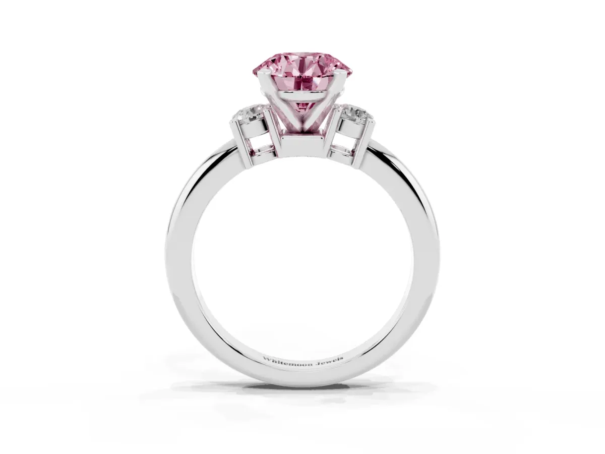 Fancy Pink Three-Stone Round Cut Cut Diamond Solitaire with Prong Setting and Classic Band Silver