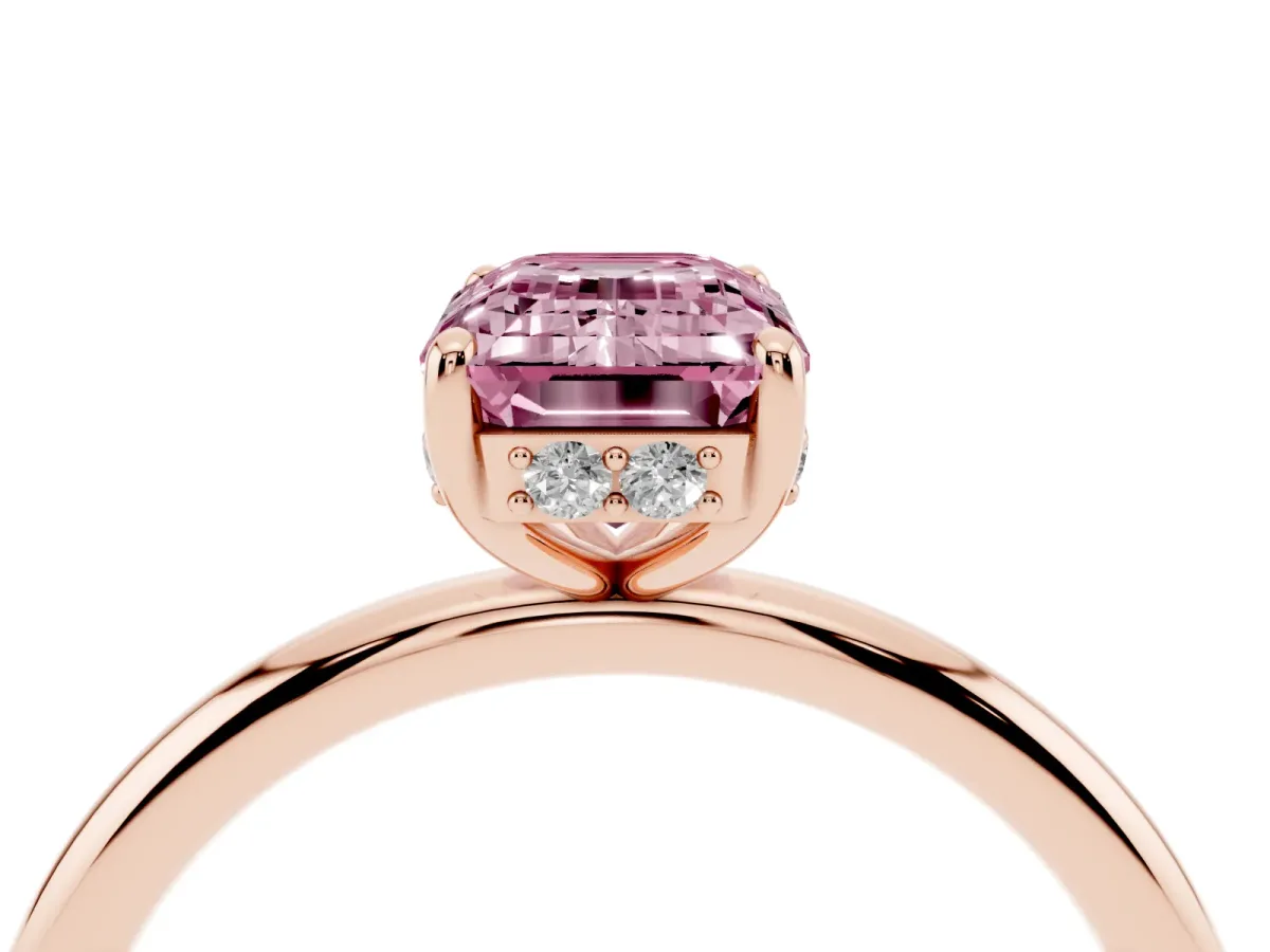 Fancy Pink Emerald Cut Solitaire Diamond Ring with a Classic Band and Four-Prong Setting Rose gold