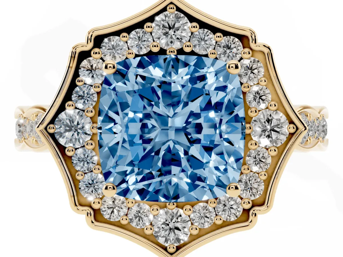 Fancy Blue Cushion Cut Halo Diamond Engagement Ring with Milgrain Band and Four-Prong Setting Yellow gold