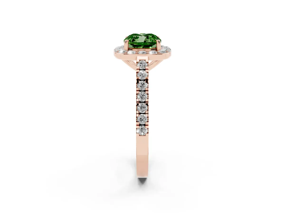 Fancy Green Cushion Cut Diamond Halo Ring with Round Pavé Split Shank and Prong Setting Rose gold