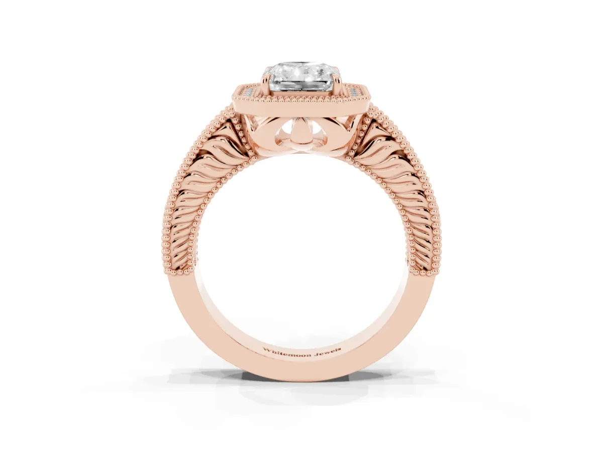 Radiant Cut Cut Halo Diamond Ring with Pavé Band and Four-Prong Setting Rose gold