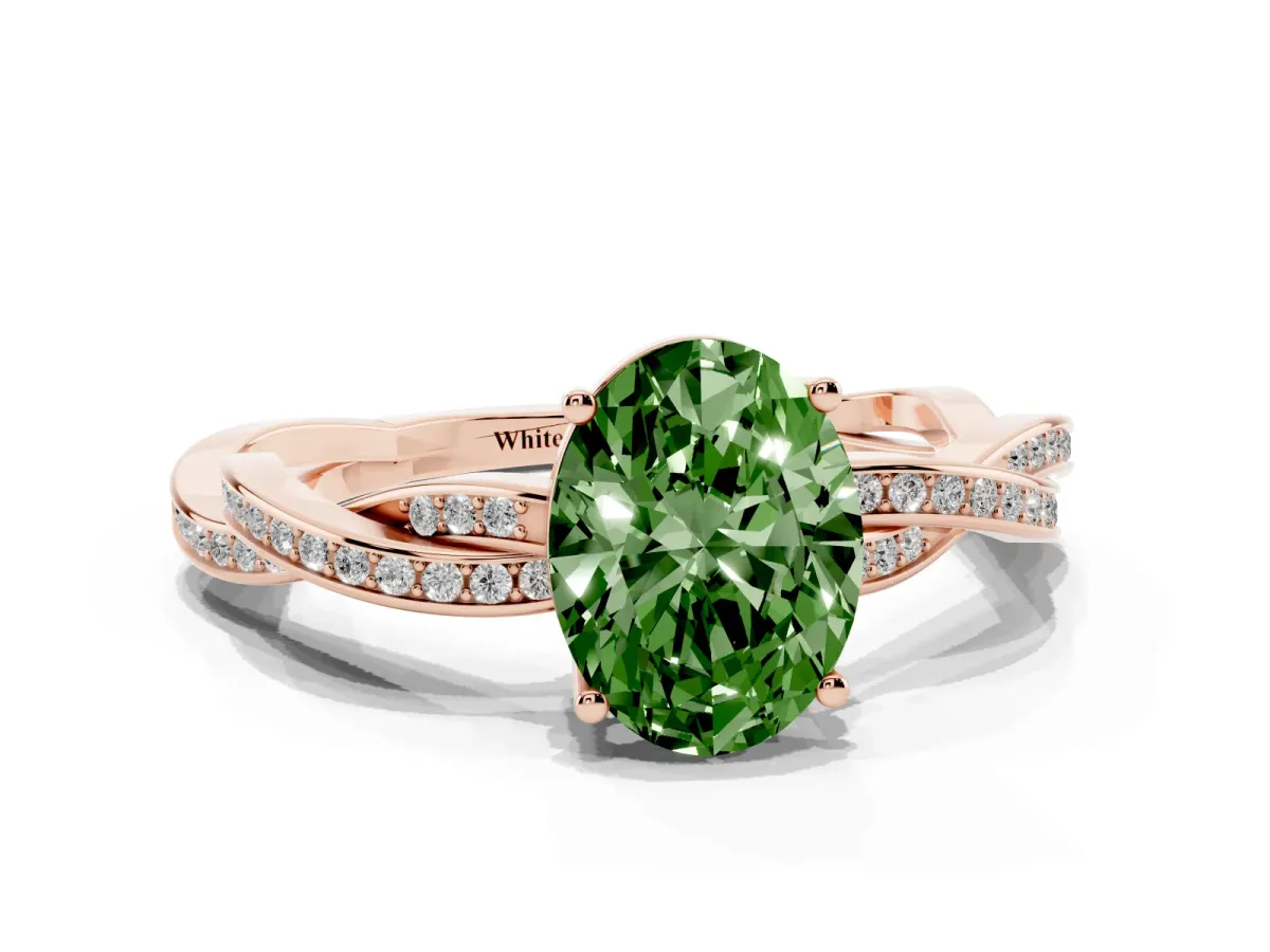 Fancy Green Oval Cut Solitaire Twisted Pave Diamond Ring with Four-Prong Setting Rose gold