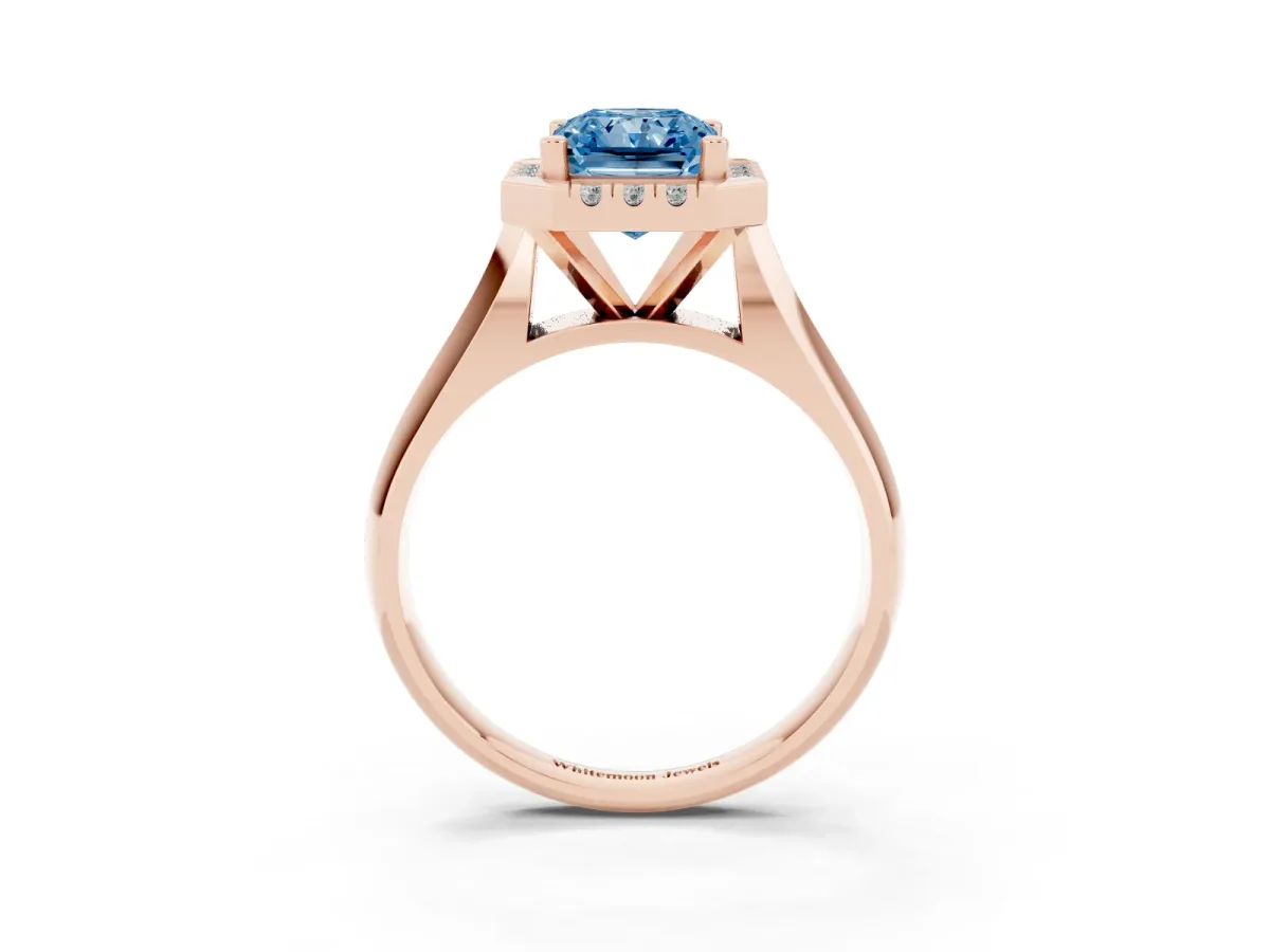 Fancy Blue Radiant Cut Cut Halo Solitaire Engagement Ring with Square Band and Four-Prong Setting Rose gold