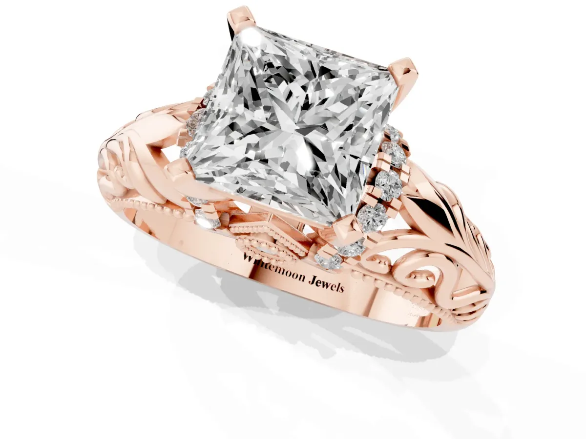 Princess Cut Solitaire Filigree Engagement Ring with Halo and Prong Setting Rose gold