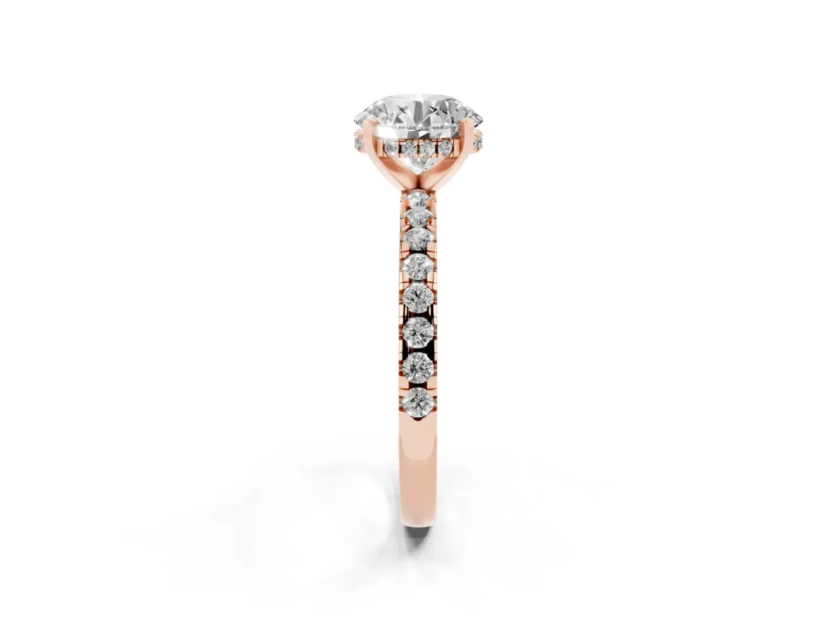 Round Cut Diamond Solitaire Ring with Round Pavé Band and Four-Prong Setting Rose gold