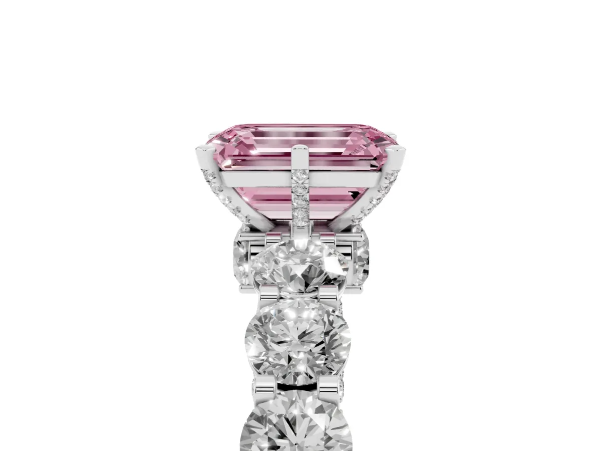 Fancy Pink Emerald Cut Diamond Side Stone Engagement Ring with Four-Prong Setting Platinum
