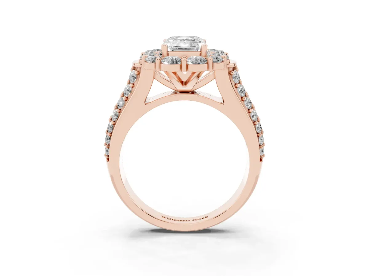 Emerald Cut Halo Diamond Engagement Ring with Split Shank and Prong Setting Rose gold