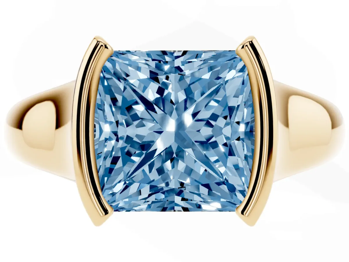 Fancy Blue Princess Cut Solitaire Tension Set Diamond Ring with Split Shank Band Yellow gold