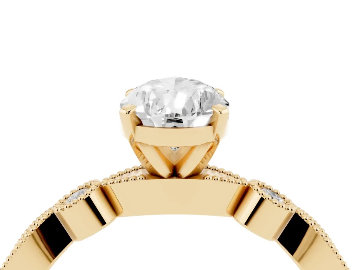 Pear Cut Milgrain Bezel Diamond Engagement Ring with Solitaire Prong Setting Yellow gold