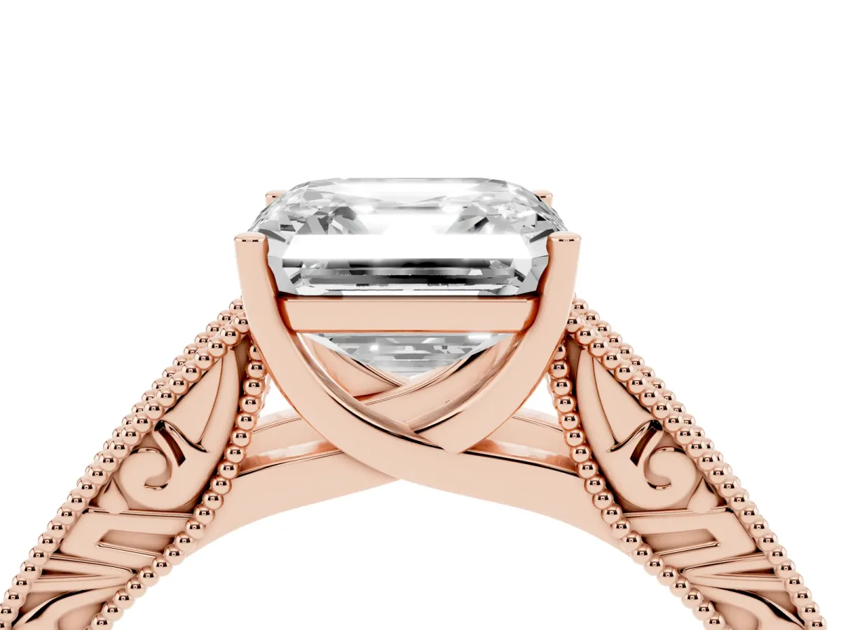 Asscher Cut Diamond Solitaire Ring with Engraved Band and Four-Prong Setting Rose gold