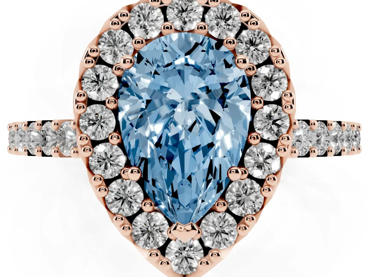 Fancy Blue Pear Cut Halo Diamond Pavé Solitaire Ring Rose gold