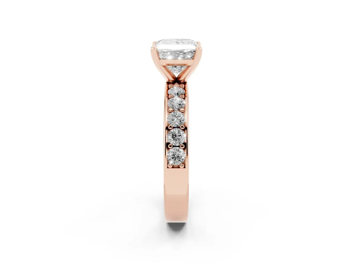 Princess Cut Diamond Engagement Ring with Channel Set Round Band and Prong Setting Rose gold