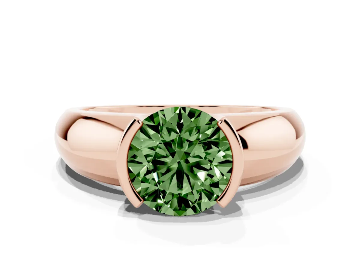 Fancy Green Round Cut Solitaire Tension Set Diamond Ring with Wide Band Rose gold