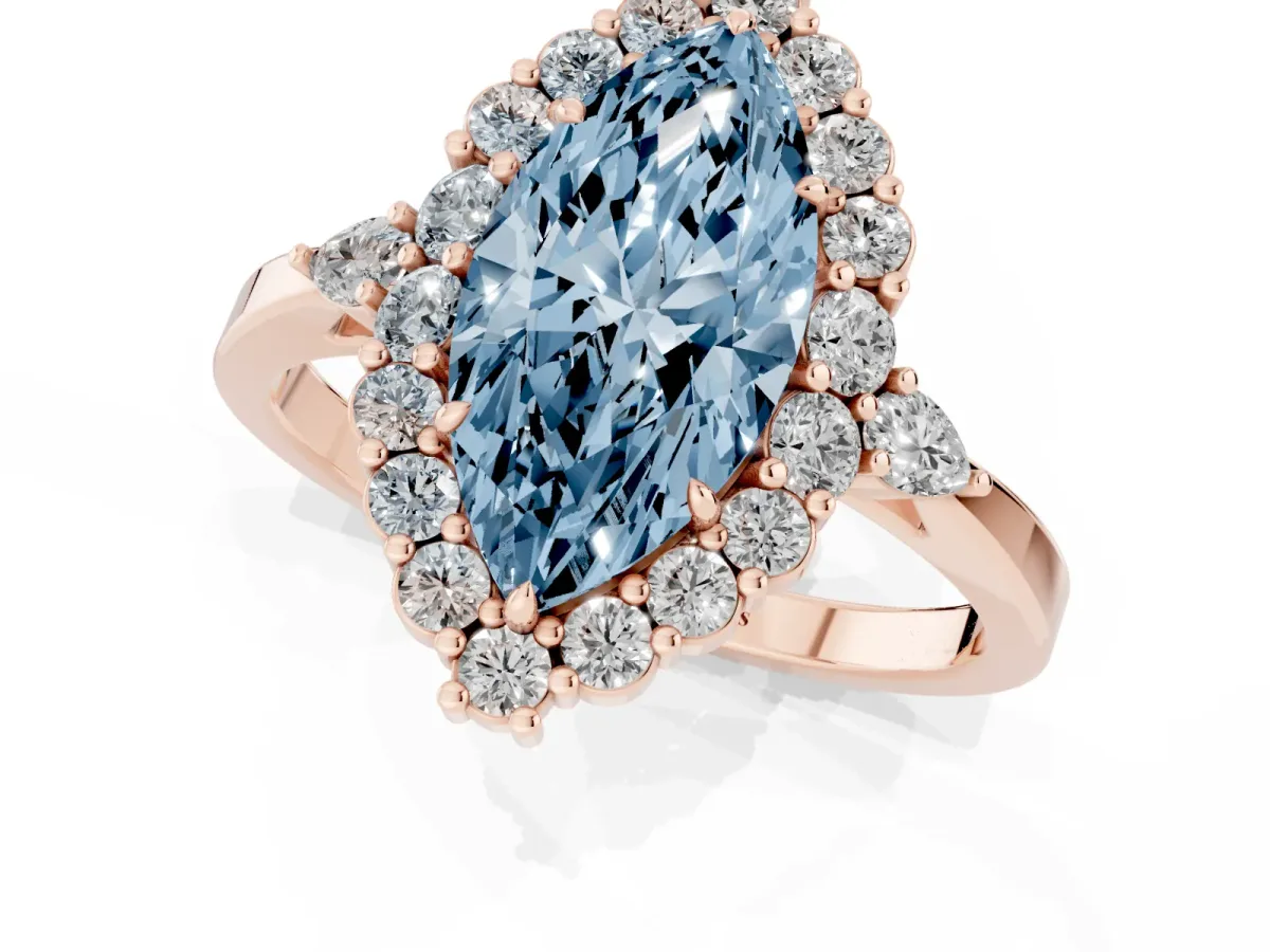 Fancy Blue Marquise Cut Diamond Halo Ring with Pear Side Stones and Prong Setting Rose gold