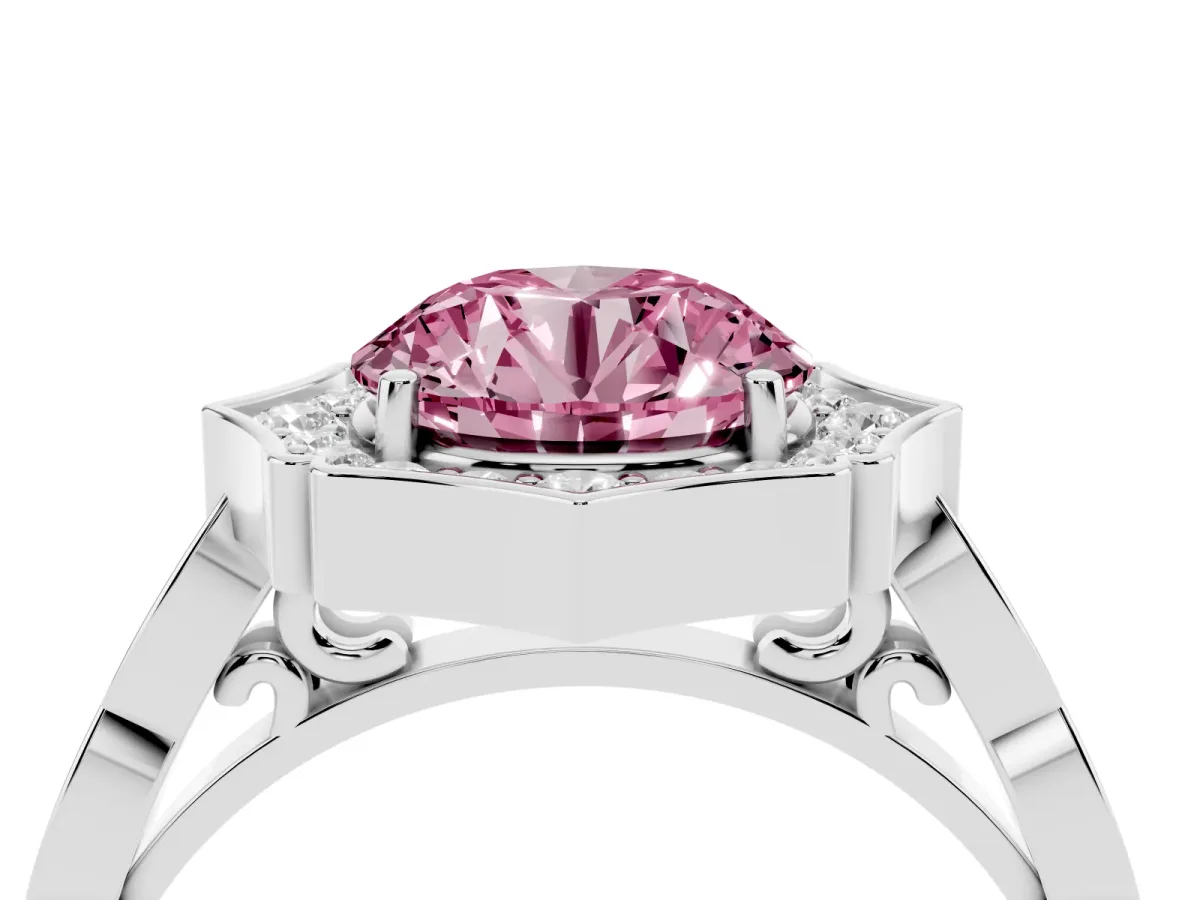 Fancy Pink Round Cut Halo Diamond Engagement Ring with Milgrain Band and Four-Prong Setting Silver